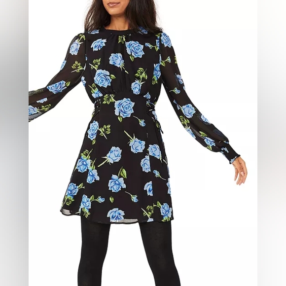 Free People Dresses & Skirts - Free People Samantha black blue lace up floral long sleeve chiffon mini dress XL